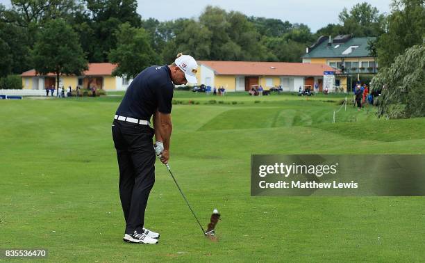 Marcel Siem of Germany plays his second shot on the the 18th hole during day three of the Saltire Energy Paul Lawrie Matchplay at Golf Resort Bad...