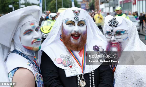 Participants dressed as nuns pose for a photo during the Glasgow Pride march on August 19, 2017 in Glasgow, Scotland. The largest festival of LGBTI...