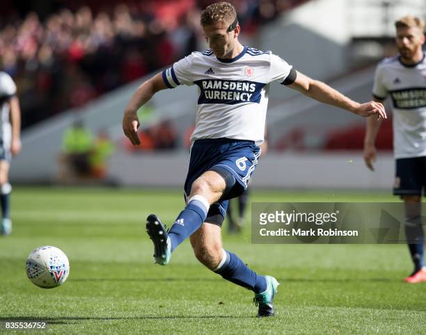 Ben Gibson of Middlesbrough during the Sky Bet Championship match between Nottingham Forest and Middlesbrough at City Ground on August 19, 2017 in...