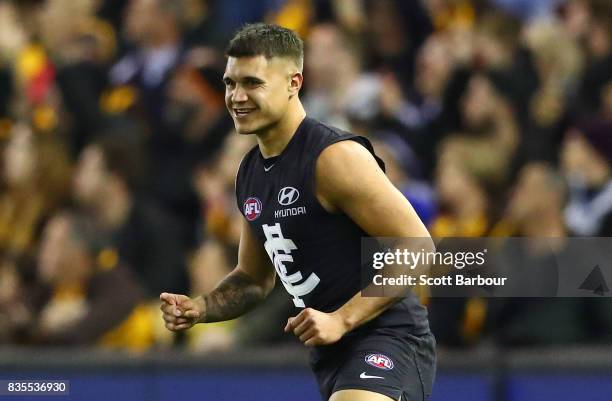 Jarrod Pickett of the Blues celebrates after kicking a goal during the round 22 AFL match between the Carlton Blues and the Hawthorn Hawks at Etihad...