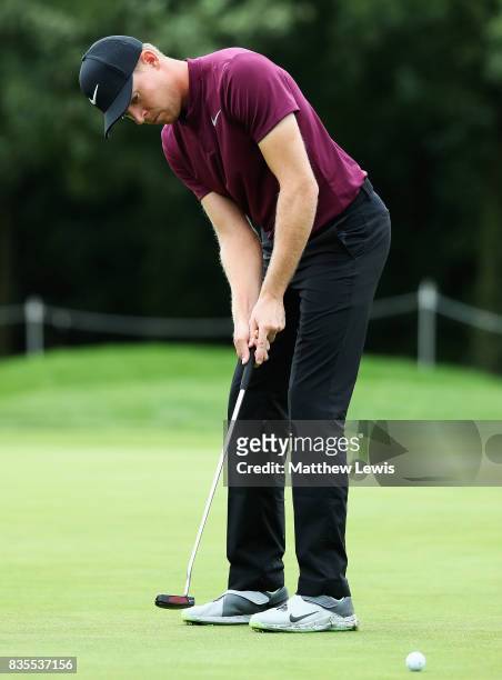 Alex Knappe of Germany makes a putt on the 14th green during day three of the Saltire Energy Paul Lawrie Matchplay at Golf Resort Bad Griesbach on...