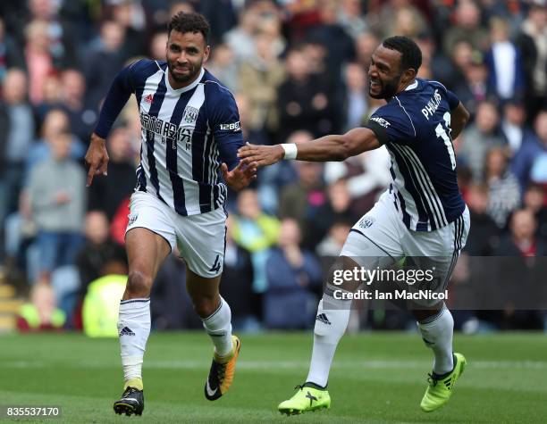 Hal Robson-Kanu of West Bromwich Albion celebrates after he scores the only goal of the game during the Premier League match between Burnley and West...