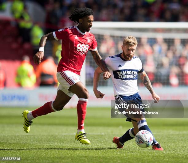 Armand Traor of Nottingham Forest and Adam Clayton of Middlesbrough during the Sky Bet Championship match between Nottingham Forest and Middlesbrough...