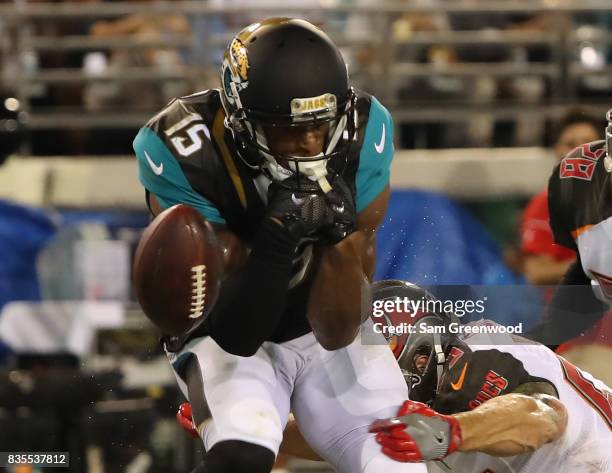 Allen Robinson of the Jacksonville Jaguars attempts a reception during a preseason game against the Tampa Bay Buccaneers at EverBank Field on August...