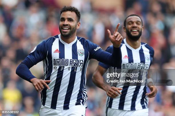 Hal Robson-Kanu of West Bromwich Albion celebrates after he scores the only goal of the game during the Premier League match between Burnley and West...
