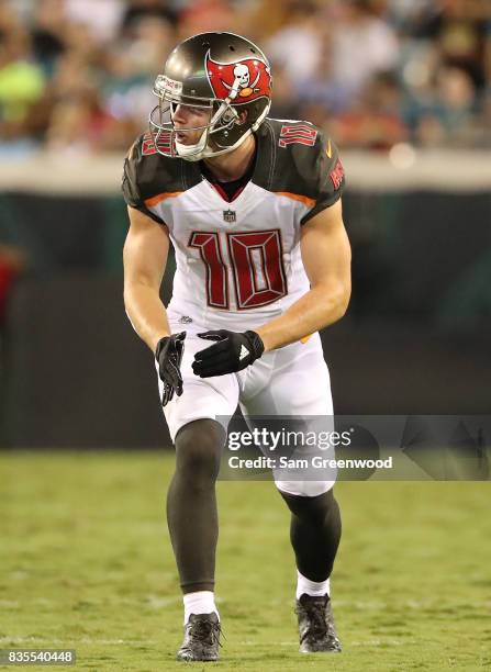 Adam Humphries of the Tampa Bay Buccaneers in action during a preseason game against the Jacksonville Jaguars at EverBank Field on August 17, 2017 in...