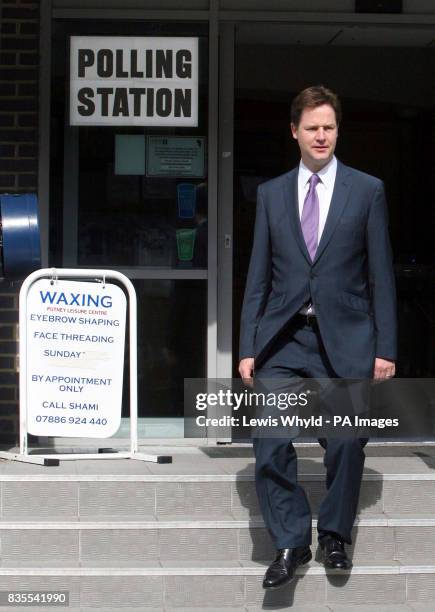 Lib Dem leader Nick Clegg leaves a polling station at Dryburgh Hall in Putney, London, after he voted in the European election.