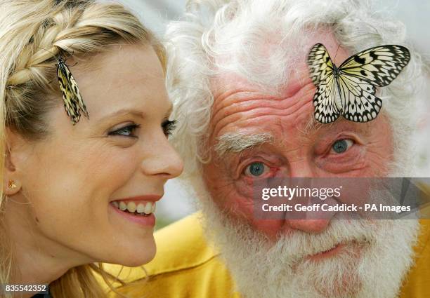 Actress Emilia Fox and botanist David Bellamy with two Tree Nymph butterflies at the Future Gardens visitor attraction near St Albans, as a new...