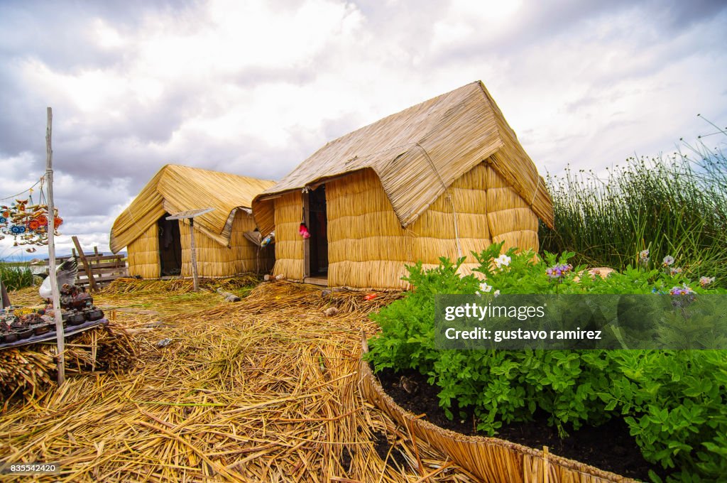 Floating homes of the island of uros in puno near titicaca lake