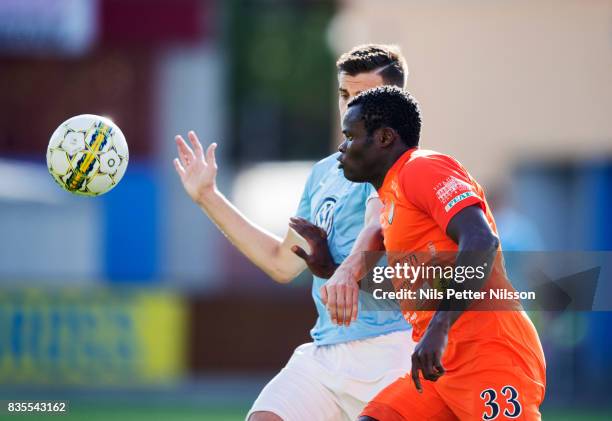 Taye Taiwo of Athletic FC Eskilstuna during the Allsvenskan match between Athletic FC Eskilstuna and Malmo FF at Tunavallen on August 19, 2017 in...