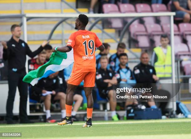 Mohammed Buya Turay of Athletic FC Eskilstuna celebrates after scoring to 1-0 during the Allsvenskan match between Athletic FC Eskilstuna and Malmo...