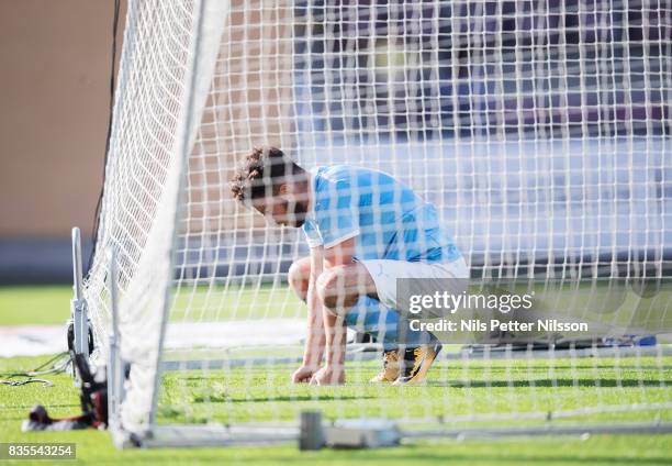 Erdal Rakip of Malmo FF dejected during the Allsvenskan match between Athletic FC Eskilstuna and Malmo FF at Tunavallen on August 19, 2017 in...