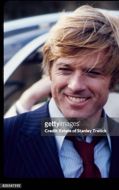 Close-up of American actor Robert Redford in costume on the set of the film 'The Candidate' , California, 1972.