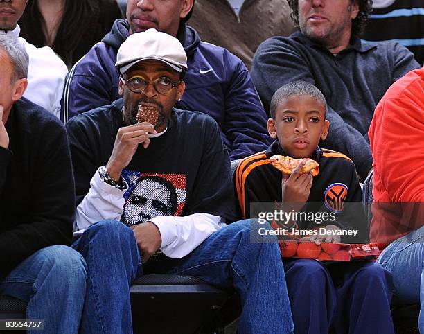 Spike Lee and his son attend the Milwaukee Bucks vs New York Knicks game at Madison Square Garden on November 2, 2008 in New York City.