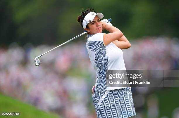 Gerina Piller of Team USA plays a shot during the second day morning foursomes matches of The Solheim Cup at Des Moines Golf and Country Club on...