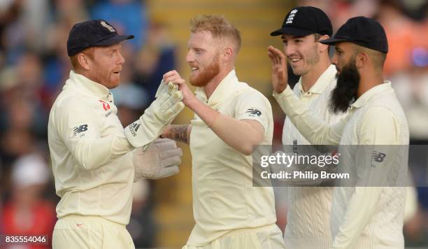 Ben Stokes of England is congratulated after dismissing Shai Hope of the West Indies during the third day of the 1st Investec Test match between...