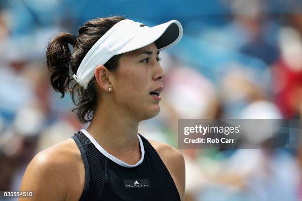 Garbine Muguruza of Spain looks on against Karolina Pliskova of Czech Republic during Day 8 of the Western and Southern Open at the Linder Family...