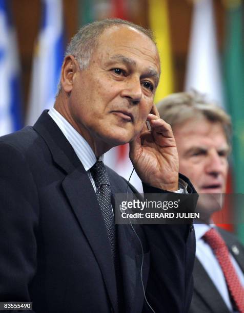 Egypt's Foreign Minister Ahmed Aboul Gheit stands next to France's Foreign Minister Bernard Kouchner listening to the journalists' questions during a...