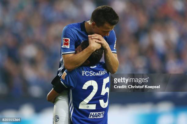 Yevhen Konoplynka of Schalke celebrates his goal to make it 2:0 with Amine Harit of Schalke during the Bundesliga match between FC Schalke 04 and RB...