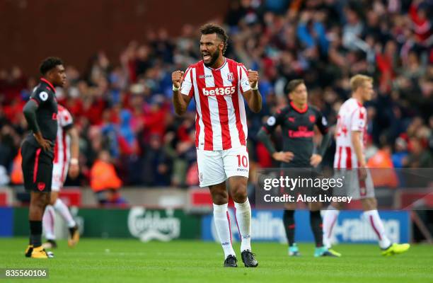 Maxim Choupo-Moting of Stoke City celebrates victory after the Premier League match between Stoke City and Arsenal at Bet365 Stadium on August 19,...