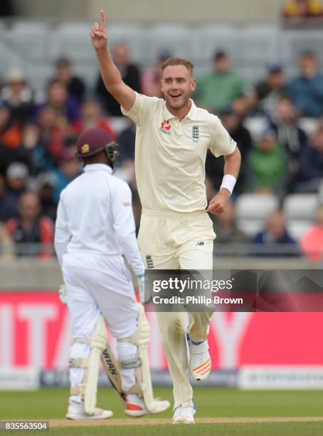 Stuart Broad of England celebrates after a dismissal during the third day of the 1st Investec Test match between England and the West Indies at...