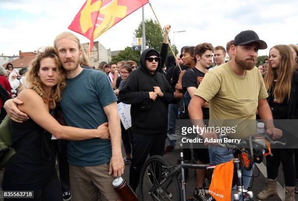 Left-wing activists block the path of a march of Neo-Nazis at an extreme right-wing demonstration commemorating the 30th anniversary of the death of...