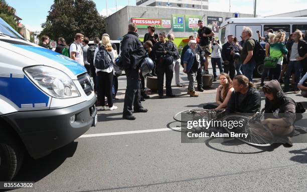 Left-wing activists block the path of a march of Neo-Nazis at an extreme right-wing demonstration commemorating the 30th anniversary of the death of...