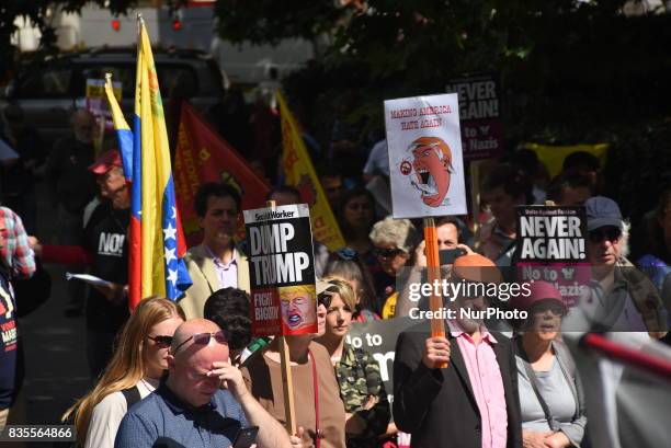 Demonstrators gathered outside the American Embassy in Central London, to protest against the racism escalation following the riot in...