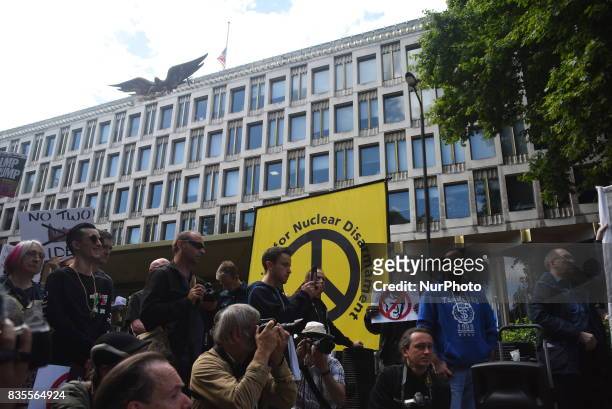 Demonstrators gathered outside the American Embassy in Central London, to protest against the racism escalation following the riot in...