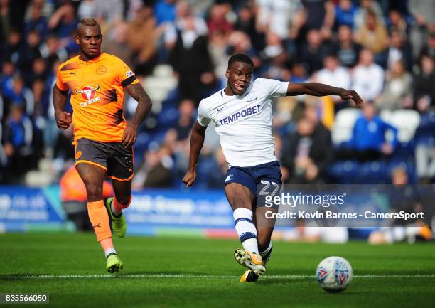 Preston North End's Stephy Mavididi under pressure from Reading's Leandro Bacuna during the Sky Bet Championship match between Preston North End and...
