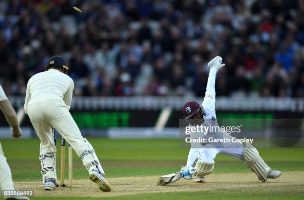 Jermaine Blackwood of the West Indies is stumped by England wicketkeeper Jonathan Bairstow during day three of the 1st Investec Test between England...