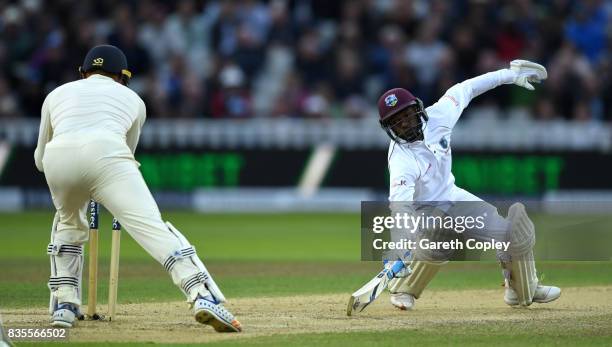 Jermaine Blackwood of the West Indies is stumped by England wicketkeeper Jonathan Bairstow during day three of the 1st Investec Test between England...