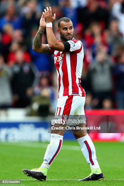 Goalscorer Jese of Stoke City applauds the crowd as he is substituted during the Premier League match between Stoke City and Arsenal at Bet365...