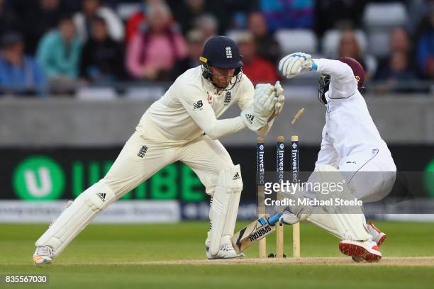 Jermaine Blackwood of West Indies is stumped by Jonny Bairstow off the bowling of Moeen Ali during day three of the 1st Investec Test match between...