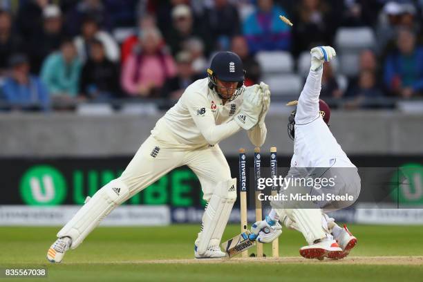 Jermaine Blackwood of West Indies is stumped by Jonny Bairstow off the bowling of Moeen Ali during day three of the 1st Investec Test match between...