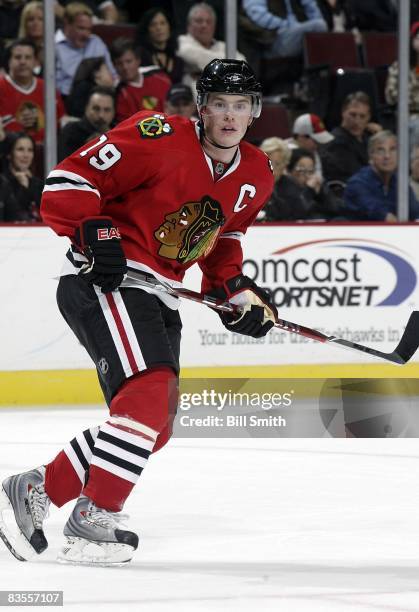 Jonathan Toews of the Chicago Blackhawks skates during a game against the Dallas Stars on October 31, 2008 at the United Center in Chicago, Illinois.