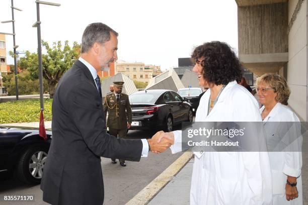 In this handout photo provided by Casa de S.M. El Rey de Espana, King Felipe VI of Spain and Queen Letizia of Spain meets with medical staff as they...