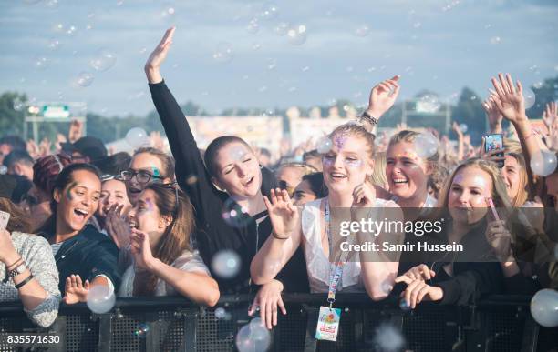 Festival goers enjoy the music during V Festival 2017 at Hylands Park on August 19, 2017 in Chelmsford, England.