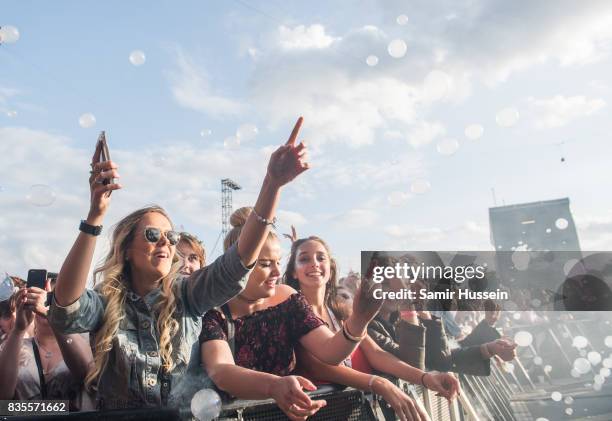 Festival goers enjoy the music during V Festival 2017 at Hylands Park on August 19, 2017 in Chelmsford, England.