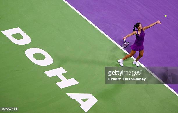 Ana Ivanovic of Serbia serves to Jelena Jankovic of Serbia during the Sony Ericsson Championships at the Khalifa Tennis Complex on November 4, 2008...