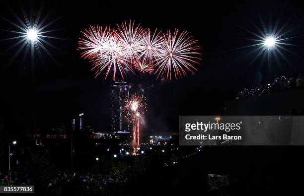 Firework is seen over the city center on August 19, 2017 in Ekaterinburg, Russia.