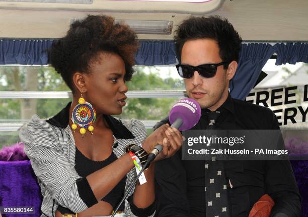 Dan Smith and Shingai Shoniwa of The Noisettes backstage at the Isle of Wight festival, in Newport on the Isle of Wight.