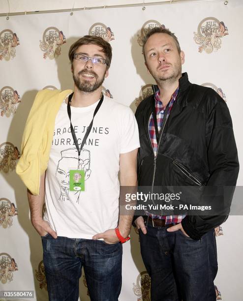 Felix Buxton and Simon Ratcliffe of Basement Jaxx backstage at the Isle of Wight festival, in Newport on the Isle of Wight.