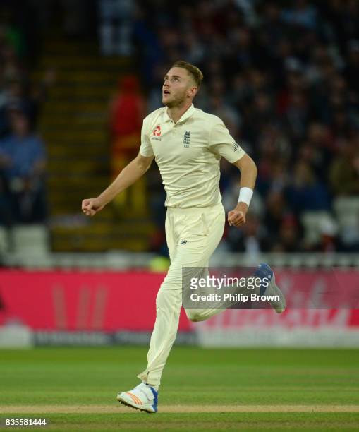 Stuart Broad of England celebrates after dismissing Shane Dowrich of the West Indies to take his 384th test wicket during the third day of the 1st...
