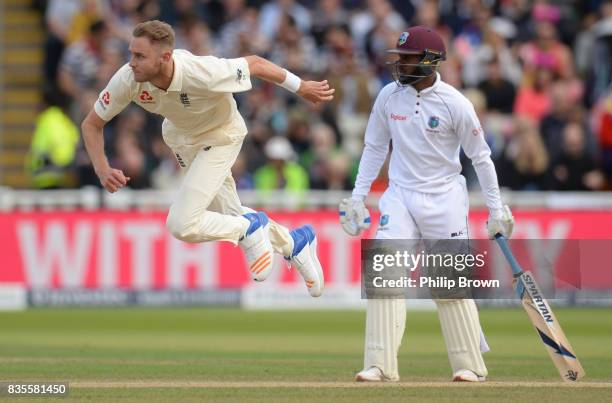 Stuart Broad of England bowls during the third day of the 1st Investec Test match between England and the West Indies at Edgbaston cricket ground on...