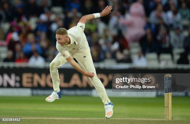 Stuart Broad of England bowls during the third day of the 1st Investec Test match between England and the West Indies at Edgbaston cricket ground on...