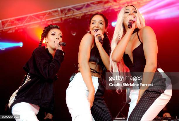 Annie Ashcroft, Chanal Benjilali and Nadine Samuels of M.O perform live on stage during V Festival 2017 at Weston Park on August 19, 2017 in...