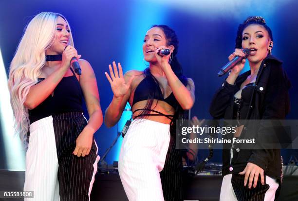 Annie Ashcroft, Chanal Benjilali and Nadine Samuels of M.O perform live on stage during V Festival 2017 at Weston Park on August 19, 2017 in...