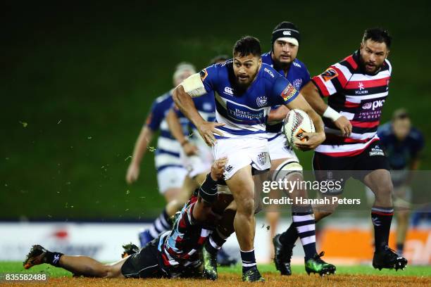 George Moala of Auckland charges forward during the round one Mitre 10 Cup match between Counties Manukau and Auckland at ECOLight Stadium on August...
