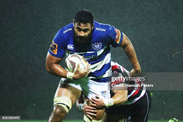 Patrick Tuipulotu of Auckland charges forward during the round one Mitre 10 Cup match between Counties Manukau and Auckland at ECOLight Stadium on...